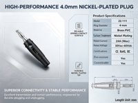 BGEER Prise banane latérale empilable sans soudure en laiton nickelé 4 mm 30 V CA-60 V CC/MAX. 24 A pour tests électriques multi-appareils