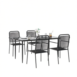 Ensemble de salle à manger de jardin en corde de coton noir avec structure métallique, empilable, 4 places, mobilier d'extérieur au design contemporain - Product Image 1