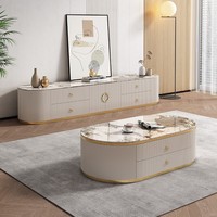 Ensemble Meuble TV et Table Basse Moderne Minimaliste Blanc Crème, Meuble de Salon Luxe Léger avec Plateau en Pierre et Rangement
