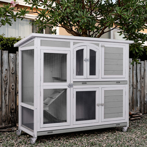 SDR050 SHUNDA Luxury Eco-Friendly Wooden Pet House for Rabbits with Print Design Outdoor Hutch Tray Wheels 2 Grey - Product Image 1
