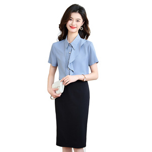 Women's Short Sleeve Professional Shirt Solid Color Chiffon Blouse <b>Work</b> Wear Summer Top - Product Image 5