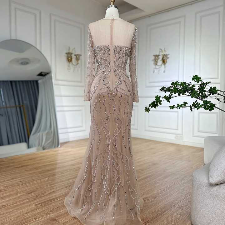 2025 Pink Beaded Saudi Arabic Mermaid Evening Gown with Sheer Long Sleeves for Formal Occasion LA72875 main image 1