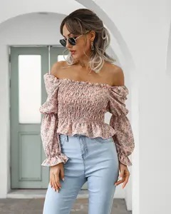 summer sexy off shoulder women long sleeve t shirt Cotton Slim ladies Blouses breathable floral pink 578867