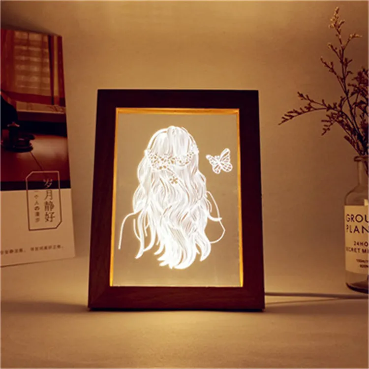 3D Visual Wooden Night Light LED Photo Frame star and moon Image Lamp Bedroom Bedside Decoration Gifts