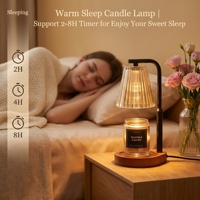 Lampe chauffe-cire sans fumée ni flamme, réglable en hauteur, avec bras en métal noir et verre côtelé, base incurvée en bois de noyer antidérapante