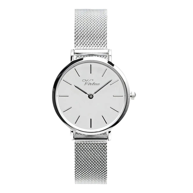 2026 Virtue Minimalist Silver Mesh Stainless Steel Band Custom Watches with logo Branding White Glass Dial Water Resistant