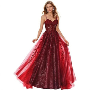 Abiti da ballo in <span class=keywords><strong>tulle</strong></span> scintillante con applicazioni in pizzo, abito lungo a trapezio con spalline sottili, abiti da sera formali con spacco personalizzabili - Product Image 2