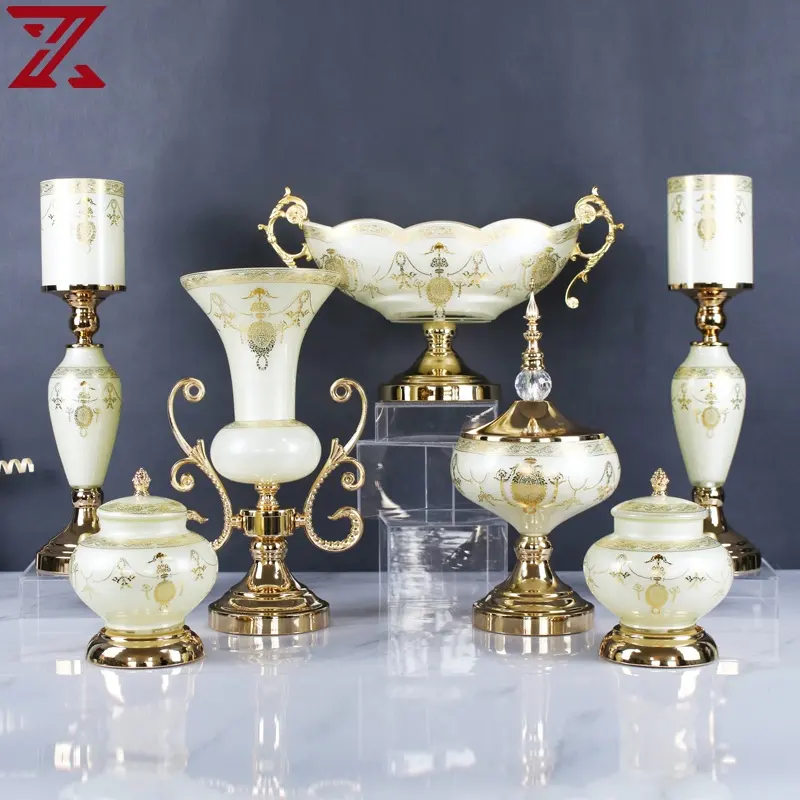 ร้อนขายหรูหราชุบทองสีขาวครีมแก้วแจกันดอกไม้เชิงเทียนที่มีชามผลไม้ชุดสำหรับตกแต่งบ้าน