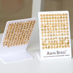 Pendientes de botón chapados en oro de 18 quilates de alta calidad, joyería de acero inoxidable, diferentes estilos, bonitos pendientes de botón, juego de pendientes con tarjetas de exhibición - Product Image 2