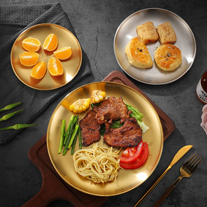 Pratos redondos de aço inoxidável, bandejas douradas, pratos para bife e pratos para sobremesa - adequados para cozinhas de restaurantes. - Product Image 4