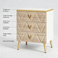 Table de chevet moderne en bois à 3 tiroirs avec poignées en métal doré, pieds fins, meuble de rangement pour chambre à coucher, appartement, maison