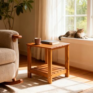 Dark Wood Slatted Low Side <strong>Table</strong> With Open Shelf for Living Room <strong>Christmas</strong> <strong>Tree</strong> Corner Accent Piece - Product Image 5