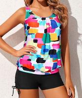 Top Tankini Bluson para Mujer, Sin Parte Inferior, Corte Holgado, Diseño Color Block, Chifón, 1 Pieza, Relleno Extraíble, Talla XX-Large