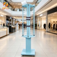 Retail Optical Shop Floor Display Rack, Rotating Sunglasses Holder Stand with Wheels, Light Blue Eyewear Display for Mall
