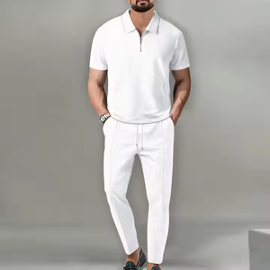 I-0497 vente en gros Street Wear hommes décontracté deux pièces été ensemble couleur unie col à manches courtes col roulé fermeture éclair pantalon costume - Product Image 3