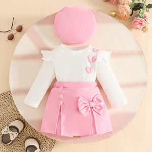 Ensemble bébé <span class=keywords><strong>fille</strong></span> 0-3 <span class=keywords><strong>ans</strong></span>, style européen et américain, en coton imprimé respirant, avec manteau à manches longues, <span class=keywords><strong>jupe</strong></span> fendue à nœud et béret. - Product Image 3