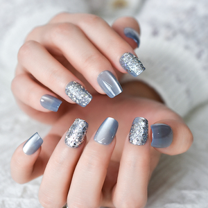 Faux ongles courts <span class=keywords><strong>bleu</strong></span> clair, design chic avec paillettes et yeux de chat, luxe, forme squoval, couverture complète, 15 tailles - 30 pièces - Product Image 2