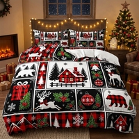 Parure de lit de Noël 3 pièces à motif écossais buffle, rennes, ours et maison de Noël, pour la décoration de chambre des fêtes