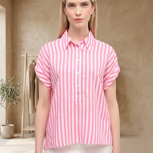 Sweet Style Women's Anti-Wrinkle Short-Sleeved <b>Tops</b> Stand Collar Rayon Woven Fabric Fitted Pencil Silhouette Decorated Buttons - Product Image 3