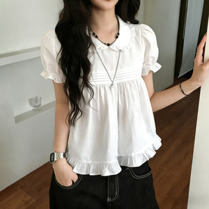 Chemisier Chic Vintage Kawaii à Col Boutonné, Style Chinois Original, Uni, Coupe Classique, Manches Courtes Bouffantes, Respirant, Idéal pour l'Été et le Bureau - Product Image 3