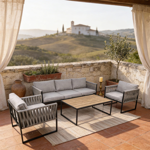 Conjunto de Muebles de Exterior Modernos y Ecológicos con Diseño de Cuerda Trenzada y Cojines con Colores Personalizables para un Patio Ecológico - Product Image 1