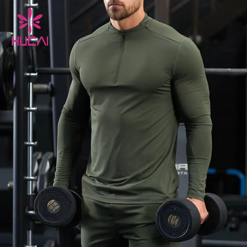 Hucai Custom Logo Training Top Snel Droog Slim Fit 1/4 Kwart Zip Sport Hardloop Compressie Gym Mouwen T-Shirt Voor Mannen