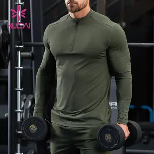 HUCAI Custom Logo Training Top schnell trocknen Slim Fit 1/4 Viertel Reiß verschluss Sport Laufen Kompression Fitness studio Langarm T-Shirt für Männer