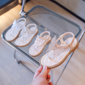 NOVEDAD DE VERANO 2024, sandalias de princesa para niñas, PU suave transpirable con diamantes de imitación y brillo de flores para fiesta al aire libre - Product Image 5