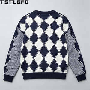 Pull tricoté Argyle coupé-cousu, épais, brodé, style universitaire, bleu marine et blanc, rétro, vente en gros - Product Image 5