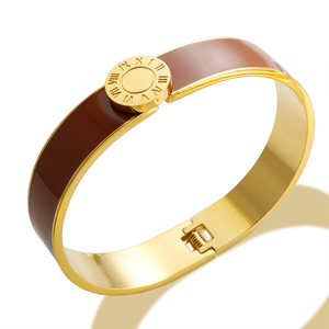 Pulsera de acero inoxidable chapada en oro, brazalete esmaltado colorido con números romanos redondos para mujer, joyería de moda - Product Image 2