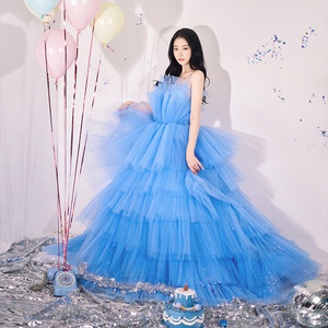 Blue Off Shoulder Tulle Long Skirt Performance Wear For Women Stage Dress Princess Petticoat Style - Product Image 1