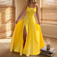 Cross-Border Mode 2023 Sommer Damen A-Linien-Kleid mit V-Ausschnitt und Trägern, Spitze, offener Rücken, Schnürdetails, Seitenschlitz