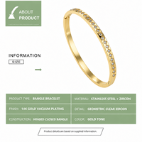 Bracelet jonc géométrique en zircon transparent, acier inoxydable avec placage sous vide or 14 carats, ligne de pierres facettées dorées