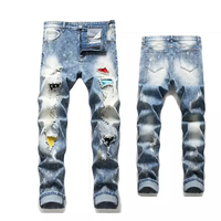 Pantalones Vaqueros de Diseño Personalizado, Estilo Casual, de Alta Calidad, con Parches de Colores, Desgastados, Corte Recto para Hombre