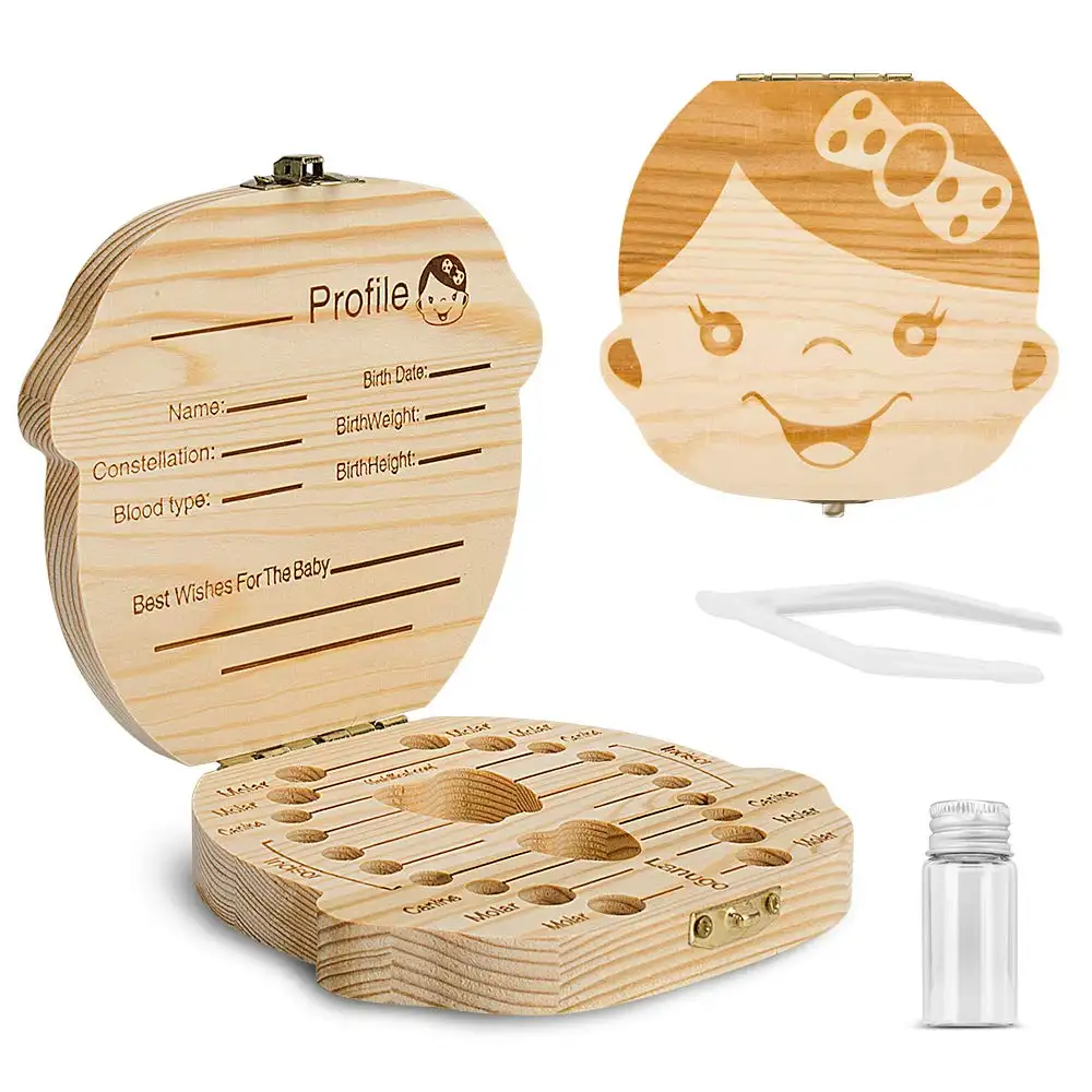 TaiLai Baby Tooth Box Wooden Kid Keepsake Organizer for Baby Teeth Cute Cartoon Container For Children Keep the Childhood Memory