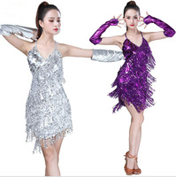 Concours de danse latine dos nu sexy Robe suspendue à paillettes en PU avec manchette pour adulte