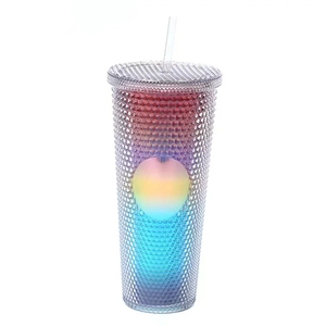 Bicchiere in Plastica a Doppia Parete da 24oz con Coperchio e Cannuccia, Tumbler da Viaggio Opaco con Finitura Rigata - Product Image 4