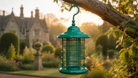 Mangeoire à oiseaux suspendue en métal vertigrine antique avec dôme central, tube à graines en maille, plateau de récupération des graines au bas et crochet de suspension, résistante à la rouille