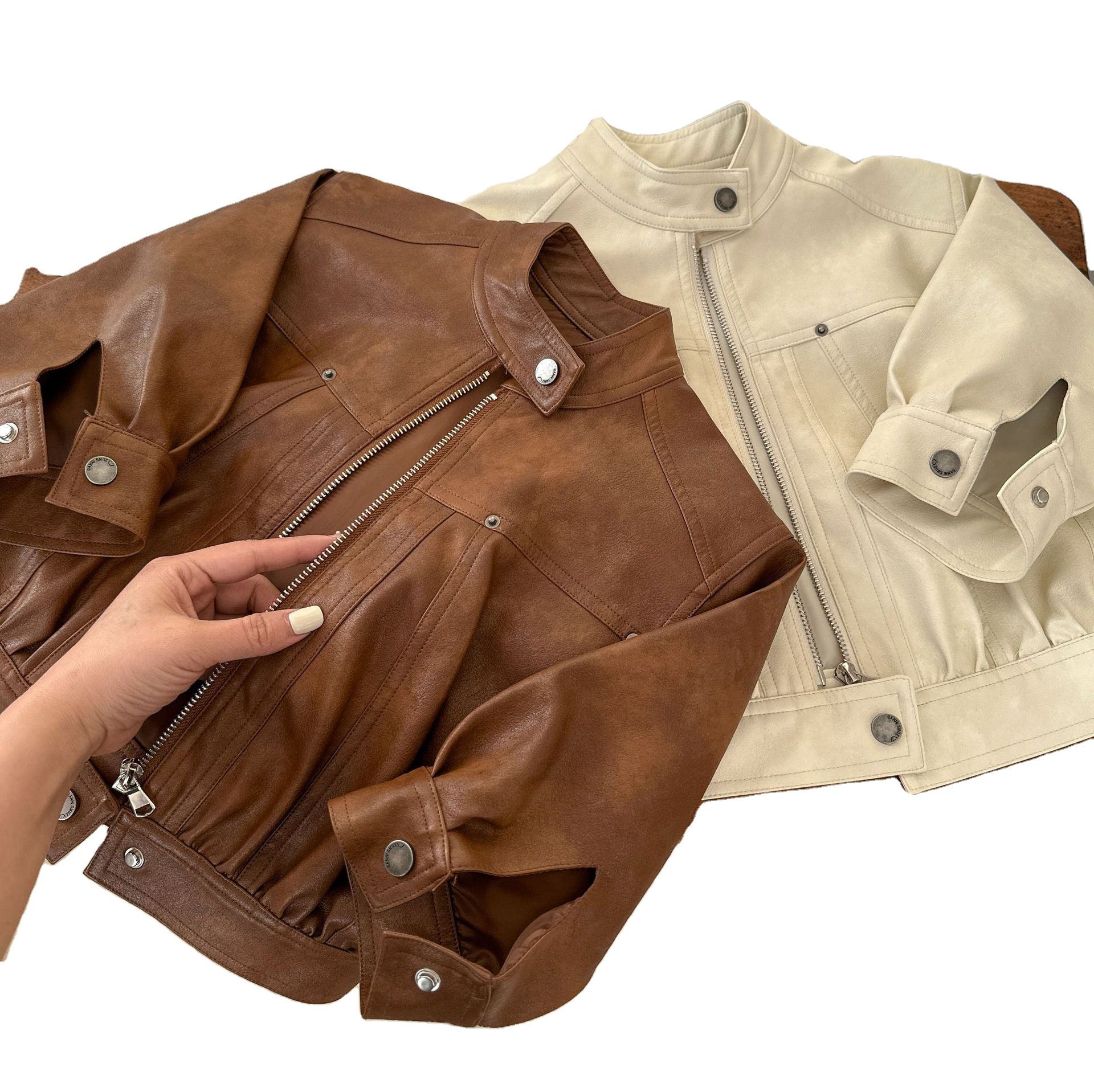 066 Spring Autumn Little Baby Girls PU Leather Jacket Infant Toddler Kids  Boy Clothing Solid Brown Beige Coat