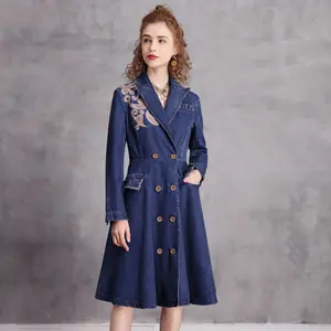 2023 Denim Double boutonnage femmes à manches longues S-XL Vintage broderie col rabattu Trench automne genou longueur manteau