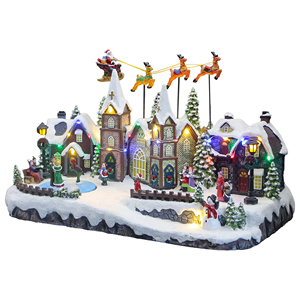 Décoration de <span class=keywords><strong>maison</strong></span> artisanale en résine, <span class=keywords><strong>maison</strong></span> de village de Noël avec rennes animés et luge, éclairage LED musical, directement de l'usine - Product Image 1