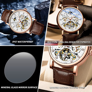Vintage Leather Strap <b>Men's</b> Mechanical <b>Watch</b> Luminous Pointer Dial Metal Case Hollow Design <b>Waterproof</b> 30M Suitable Wholesale - Product Image 6