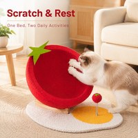 Poteau à gratter pour chat en corde de chanvre et sisal durable, avec lit intégré, style mignon motif tomate et œuf, résistant à la perte de poils, utilisable toute l'année, pour le jeu
