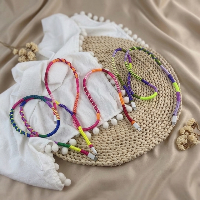 Colorful Handmade Korean Silk Braided USB-C Charging Cable Anti-Break Tangle-Free Fast Data Cord for Mobile Phone Decorative