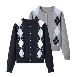 Cardigã de Tricô de Manga Longa com Padrão Geométrico em 2 Cores, Estilo Casual de Outono para Mulheres, Moda Preppy - Product Image 3