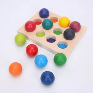 Rainbow Balls Sphere with Tray Wooden Toys Color Sorting Wood Marbles Run for Kids.