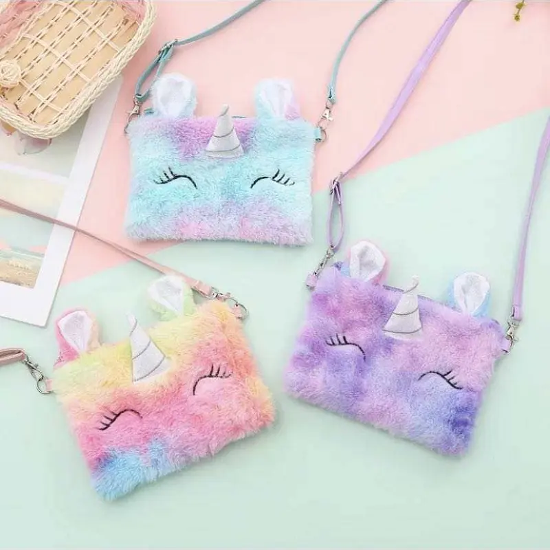 2021 New arrival cute unicorn custom coin purse zipper cartoon children cross body bag kids plush bag girls messenger bags