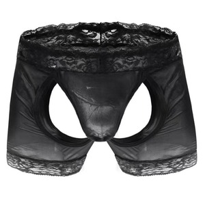 Caleçons boxers mi-hauts en dentelle pour hommes, entrejambe ouvert, en maille, noirs, sexy et transparents - Product Image 1