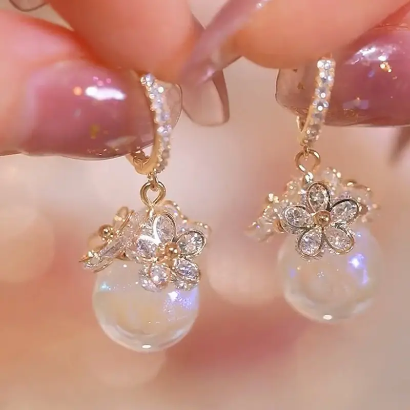 Crystal Zircon Pearl Earrings Dangle Drop Fashion Rhinestone Jewelry For Women Girls Party Accessories