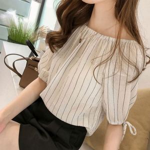 NY 2026 Blusa de Chifón a Rayas con Hombros Descubiertos y Manga Linterna, Estilo Novedoso y Elegante para Mujer - Product Image 2